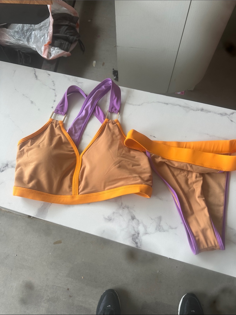 Color-Block Women’s Bikini Set in Tan, Orange & Purple